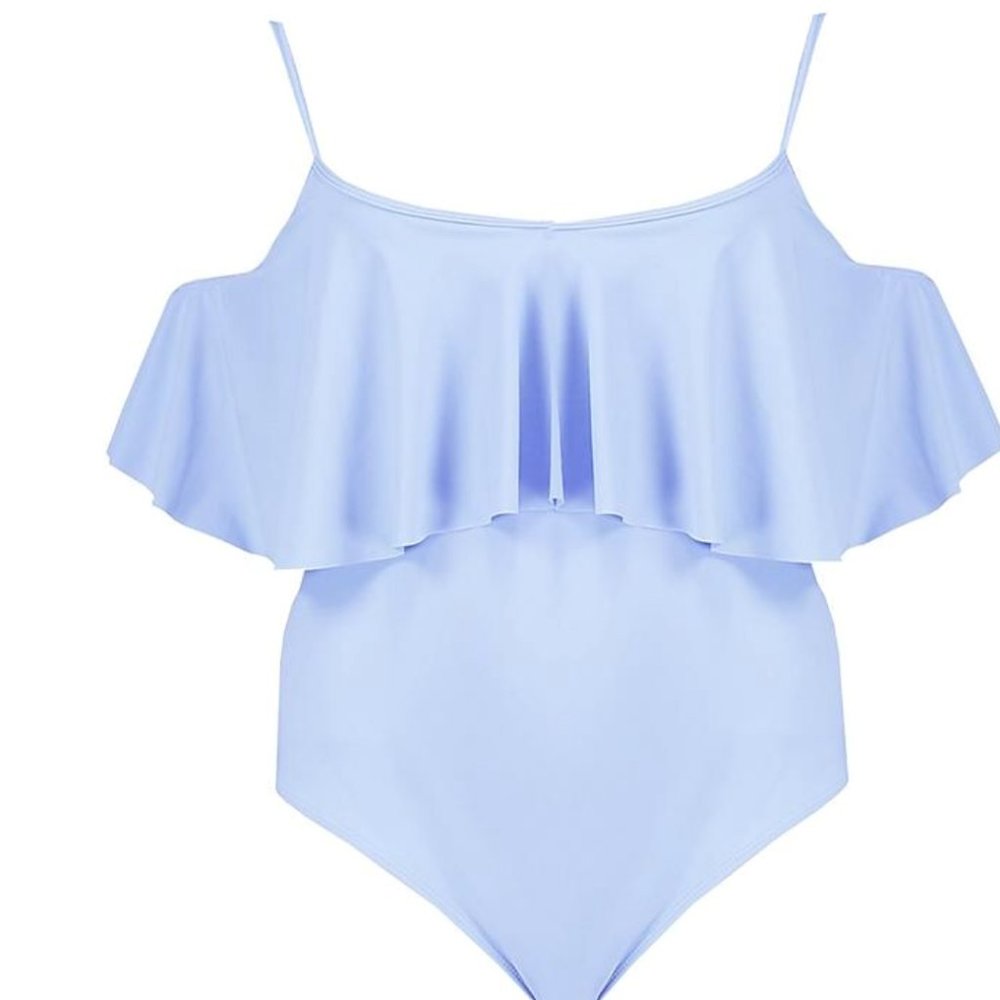 Boohoo Women's Plus Lauren Drape Sleeve Swimsuit Pale Blue Size US 14 NWT